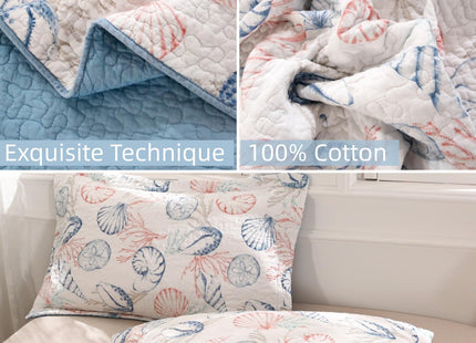 SUCSES 100% Cotton Coastal Quilts Bedding 3Pcs King Ocean Blue Quilt Nautical Conch Summer Comforter Reversible Lightweight Bedspread Coverlet with 2 Pillow Shams for All Season