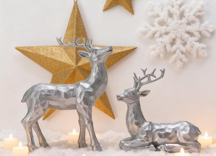 GatheringRain Simulated Deer Ornaments for Christmas Decoration, 2Pcs of Faceted Geometric Resin Deer Ornaments, Home Decoration, Christmas Ornaments (Silver)