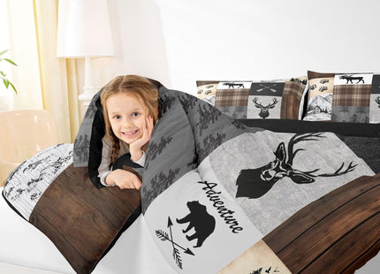 Deer Hunting Twin Comforter Set for Adult Women Boys, Wild Animal Moose Bear Bedding Set Western Rustic Farmstyle Bedroom Decor,Buffalo Plaid Patchwork Duvet Insert for Girls Teens Kids Soft Quilt
