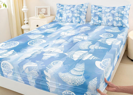 Coastal Ocean Fitted Sheet Queen Size,Boho Pattern Seashell Conch Bedding Set 3Pcs,Navy Blue Tie Dye Bed Sheet for Kids Girls Boys Adult Room Decor,Sea Beach Deep Pocket Sheet,2 Pillowcases