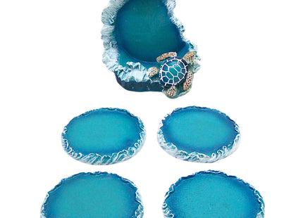 Blue Sea Turtle with Wave Design Coaster Set, Nautical Décor, Set of 4 Coasters, 5.25 Inches
