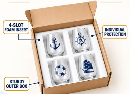 15oz Printed Nautical Stemless Wine Glasses, Set of 4, Anchor & Compass