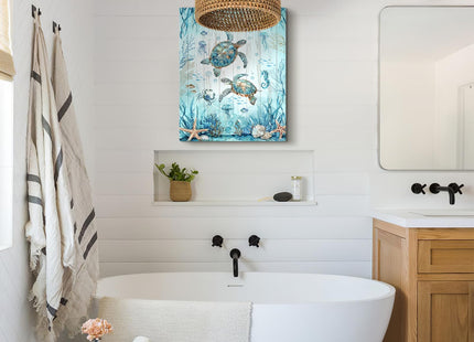 Nautical Beach Sea Turtle Bathroom Decor Wall Art Ocean Sea Turtle Paintings Artwork for Walls Teal Beach Theme Decor Pictures Prints Framed Decorations for Bedroom Bathroom Kitchen Home 20"x24"