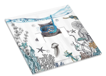 Funny Diving Cat Ocean Sea Seaweed Starfish 2 Gang Double Toggle Wall Plates Light Switch Cover Decorative Switchplate Faceplate for Bedroom Bathroom Kitchen Decor