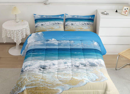Ocean Wave Comforter Set for Kids Boys Girls Teens Twin, Hawaiian Beach with Foamy Waves Down Comforter, Sea Shore Holiday Theme All Season Quilted Duvet Coastal Nature Theme Soft Lightweight