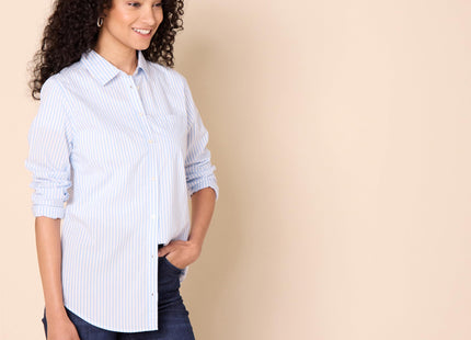 Amazon Essentials Women's Regular-Fit Long-Sleeve Button-Down Cotton Poplin Shirt, Business Casual, French Blue White Stripe, Large