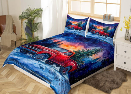Red Truck Kids Duvet Cover Set Queen Size,Christmas Tree Snowflake Bedding Set Teens Boys Girls Room Decor,Woodland Comforter Cover 3Pcs,Merry Christmas Bedspreads Cover,2 Pillowcases(NO Comforter)