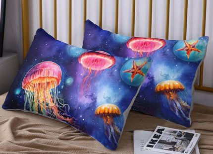 HOSIMA Blue Purple Fitted Sheet Set Queen Size Jellyfish Decor,Jellyfish Starfish Underwater World Bedding for Girls Room Decor,Nautical Sea Life Kids Fitted Sheet Set,1 Fitted Sheet+2 Pillowcases.