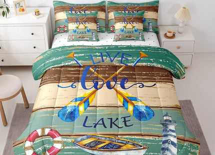 Erosebridal Lake House Bedding Set Full 7 Piece,Rustic Cabin Boating and Fishing Comforter Set with Sheets Paddles Lighthouse Nautical Bed in A Bag Green Brown Wooden Board Bed Set