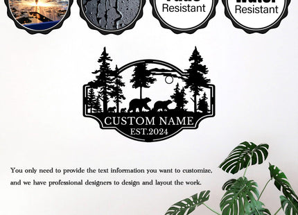 Personalized Black Bear Wall Art, Village Name Sign & Mount, Cabin Decor (Style-4)