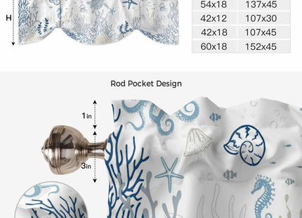 Blue Sea Turtle Tie Up Valance Curtain for Kitchen Living Room Bedroom Bathroom Cafe, Rod Pocket Small Short Window Drape Panel Adjustable Drapary Print, Coastal Ocean Coral Seaweed Jellyfish 54"x18"