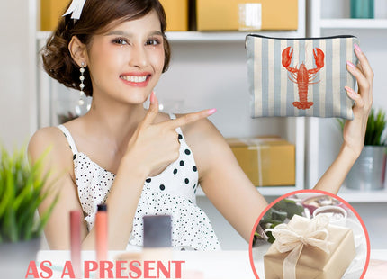 KBRCT Beach Red Lobster Makeup Bag for Women, Lobster Gifts, Coastal Ocean Beachy Nautical Cosmetic Bag for Purse, Blue and White Striped Crawfish Makeup Zipper Pouch