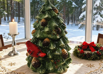 FORLONG Ceramic Christmas Tree Cookie Jar with Lid, Cardinal Bird Decor, Kitchen Food Storage Canister
