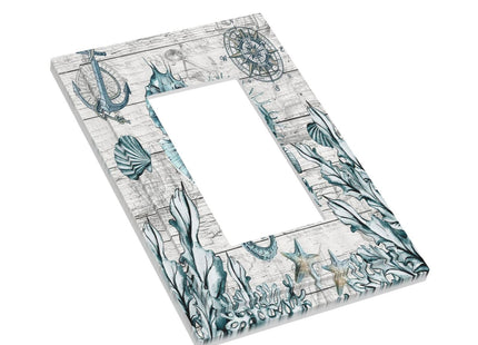 Seahorse Kelp Compass Anchor on Wooden Board 1 Gang Rocker Light Switch Covers Decorative Single Decora Outlet Wall Plate Faceplate Switchplate GFCI for Country Farmhouse Bathroom Bedroom Decor
