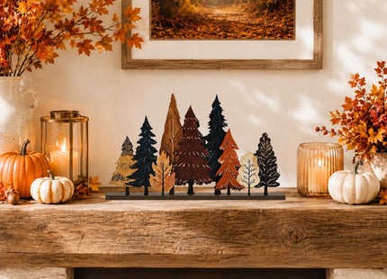 Smile Fall Thanksgiving Wooden Standing Decor, Autumn Forest Maple Pine Tree Tiered Tray Signs with Stands for Rustic Farmhouse Home Kitchen Shelf Decor