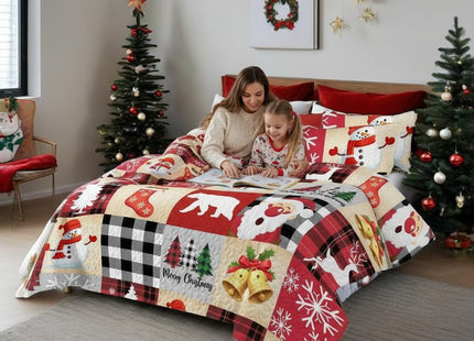Merry Christmas Patchwork Quilt Set King- Santa Claus Bear Deer Tree Snowflakes Checkered Holiday Bedding Set - Soft Microfiber Lightweight Comforter Coverlet Bedspread(Snowman Santa, King(90"x104"))