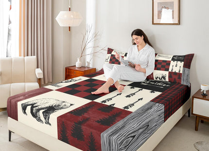 Rustic Lodge Bear Moose Deer Sheet Set Full,Patchwork Red Black Buffalo Check Plaid Bed Sheets Set Farmhouse Hunting Woodland Animal Bedding,Camping Cabin Fitted Sheet + Flat Sheet + 2 Pillow Cases
