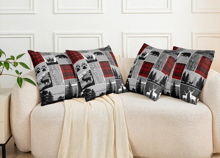 Rustic Deer Pillow Covers for Bed Sofa, Hunting Bear Moose Throw Pillow Covers 20x20 Pack of 2, Country Wild Animal Cushion Covers, Plaid Grid Patchwork Decorative Pillow Covers,Grey Red Black