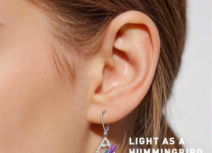 Hummingbird Earrings for Women Sterling Silver Purple Hummingbird Dangle Earrings Sterling Silver Memorial Cute Bird Flower Jewelry Mothers Day Gifts