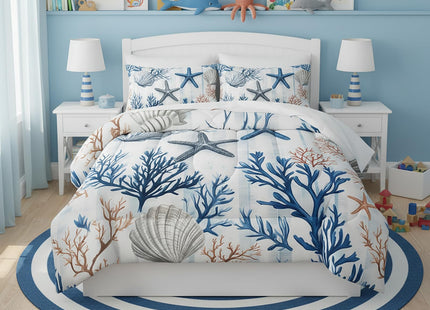 QOOMO Coastal 7 Pieces Comforter Set Full Size,Coral Starfish Bedding Set