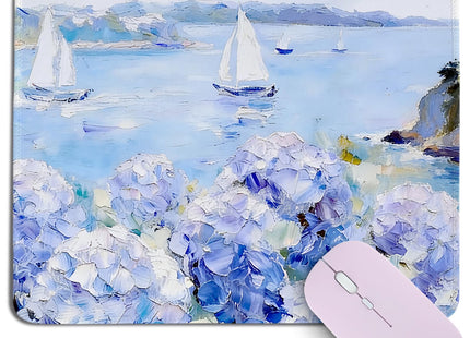Cz tulip Summer Oil Painting Hydrangea Sailboat Mouse Pad,Summer Coastal Ocean Landscape Desk Mat,Aesthetic Blue Flower Gaming Mousepad for Office Home Laptop,Nautical Summer Desk Decor,10.2x8.2Inch