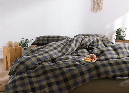 MKXI Queen Triple Gauze Duvet Cover Set 3-Piece Deep Green Blue Plaid Bedding, Rustic Lodge Cabin Linen-Like Breathable Cotton Comforter Cover with Zipper