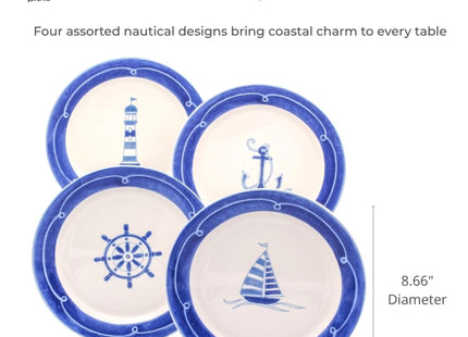 Euro Ceramica Ahoy Collection Nautical 8.7" Ceramic Salad/Dessert Plates, Set of 4, Assorted Designs, Blue & White