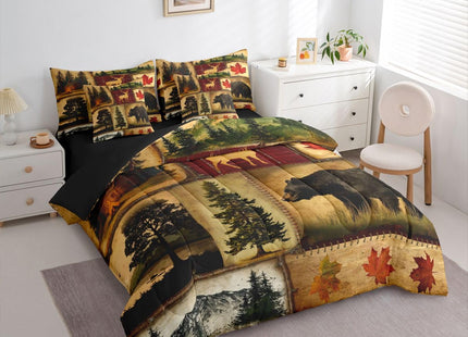 Erosebridal Rustic Farmhouse Comforter Set 7 Pcs Twin,Retro Cabin Lodge Down Comforter,Hunting Bear Deer Bed in a Bag,Country Maple Leaves Duvet Insert,Rustic Woodland Pine Tree Sheets,Red Brown