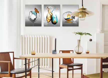 LyerArtork 3 Pieces Kitchen Canvas Wall Art Wine Glass with Butterfly Sailboat Picture Print on Gray Background Painting Modern Restaurant Dining Room Artwork Wall Decor Framed 12x16inchx3pcs
