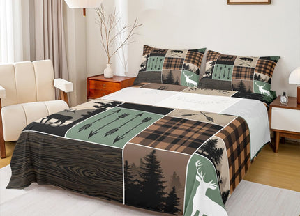 Erosebridal Farmhouse Retro Rustic Sheet Set Twin Size, Kids Country Bear Deer Bed Sheet Hunting Wild Animal Fitted Sheet - Plaid Arrows Flat Sheet Adventure Patchwork - 1 Pillow Case, Brown Green