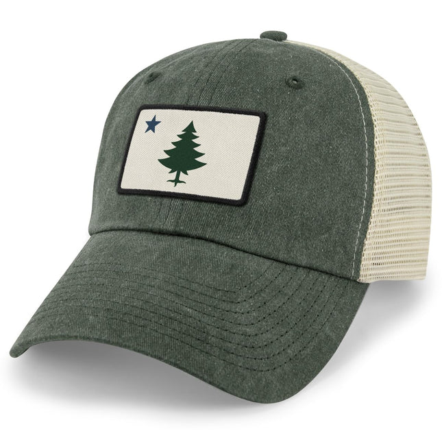 Chowdaheadz Maine Flag Hat - Vintage Portland Maine Hat, Unisex Trucker Mesh Cap, Multiple Colors Dark Green