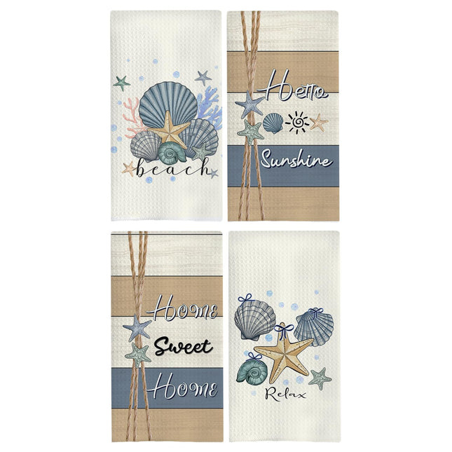 GOOZHO Coastal Beach Kitchen Towels, Home Sweet Home Seashell Starfish Beach Hand Towels for Bathroom, Housewarming Gifts Dish Tea Towels for Kitchen, Coastal Bathroom Decor, 16x24 Inch Set of 4