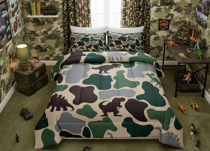 Green Camouflage Bedding Set King Size,Army Camo Dinosaur Comforter Set with 2 Pillowcases,Wildlife Animals Dino Bed Quilt,Rustic Cabin Farmhouse Quilt Sets Home Decor,Women Men Birthday Gift