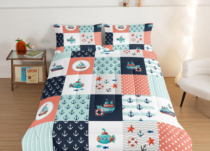 HOSIMA Nautical Bedding Set,Plaid Patchwork Pattern Hand Painted Seaplane,Boat and Anchor Comforter for Boys Kids Girls Bedroom Decor,Sea Adventure Theme Twin Comforter with 2 Pillowcases.