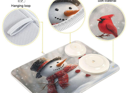Snowman Cardinal Bird Absorbent Dish Drying Mat, Dishes Drainer Protector Pad Pot Holder for Kitchen 16 x 18 Inch