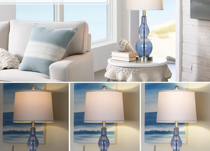 Rinweey 27.5" Coastal Blue Glass Double Gourd Table Lamp Set of 2,3-Way Dimmable Touch Control Bedside Lamps with USB Ports and AC Outlet, Nautical Nightstand Lamps for Bedroom Living Room