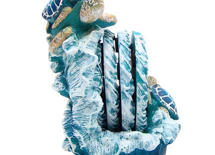 Blue Sea Turtle with Wave Design Coaster Set, Nautical Décor, Set of 4 Coasters, 5.25 Inches