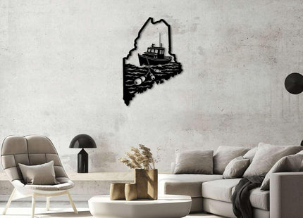 Maine State Map with Fishing Boat Metal Wall Art Decor, Outdoor Decor Metal Signs, Nautical Coastal Style, Elegant Artwork, Wall Decor for Living Room and Office Space (Black,20inch)