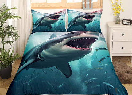 Kids Shark Bedding Set Full 3D Ocean Animal Duvet Cover for Girls,Boys,Teens 3 Pcs Hawaiian Beach Theme Bedding Underwater Children Bedspread Ocean Sea Sharks Pattern Printed on Blue Comforter Cover