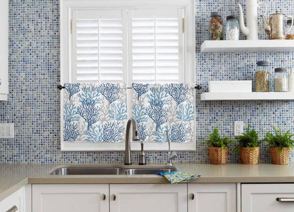 Wowouhiya Navy Blue Coral Coastal Kitchen Curtains Set Small Half Curtains 24 Inches Length, Summer Beach Seaside Nautical Rod Pocket Window Treatment Bedroom Tiers and Valance Set for Cafe Bathroom