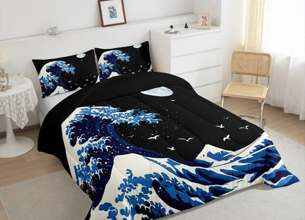 Feelyou Japanese Wave Comforter Set Full Size Japanese Style Comforter for Boys Girls Teens Ocean Wave Bedding Set Sea Waves Duvet Set Room Decor Blue Black Quilt Set