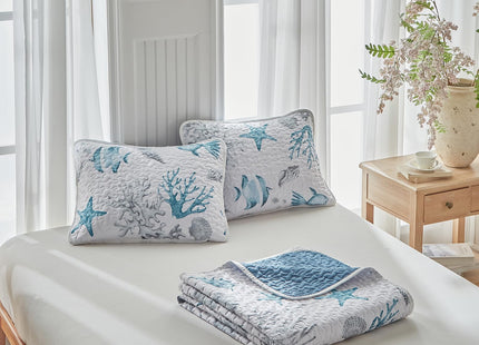 3 Piece Coastal Quilt Sets King Size - Reversible Microfiber Ocean Style Quilts with 2 Shams Soft Lightweight Beach Bedding Nautical Bedspread Coverlet Summer Comforter for All Season