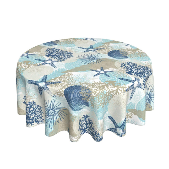 BYONEESS Summer Nautical Coastal Tablecloth Round 60 Inch Beach Starfish Ocean Coral Seashell Printed Table Cloths Circular Table Cover for Party Kitchen Dining Picnic Holiday Outdoor Decor