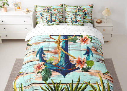 Erosebridal Boat Anchor Bed in a Bag Queen Comforter Set 7 Piece,Nautical Rope Bedding Sets Palm Leaves Flowers Sheet Set with Comforter