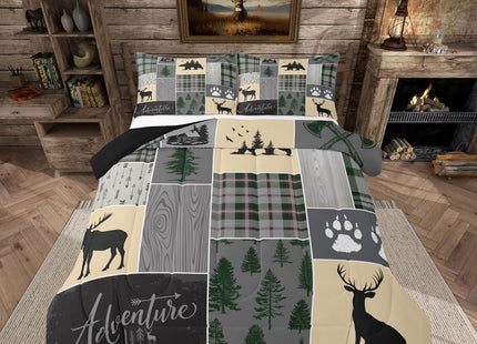 Christmas Farmhouse Cabin Comforter Set, Rustic Bear Deer Bedding Set Full Size Woodland Country Patchwork Quilt for Kids Teens Women, Grid Claw Wildlife Duvet Sets,2 Pillow Cases, Grey Green