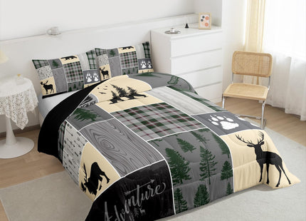 Christmas Farmhouse Cabin Comforter Set, Rustic Bear Deer Bedding Set Full Size Woodland Country Patchwork Quilt for Kids Teens Women, Grid Claw Wildlife Duvet Sets,2 Pillow Cases, Grey Green