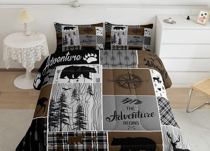 Erosebridal Rustic Patchwork Twin Comforter Set for Boys, Retro Country Farmhouse Quilt Cabin Room Decor, Western Deer Bear Bedding Woodland Wildlife Adventure Camping Duvet Insert, Gray Brown