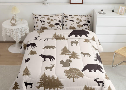 Bear Comforter Set Kids Boys Girls,Rustic Elk Moose Squirrel Wolf Twin