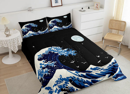 Feelyou Japanese Wave Comforter Set Full Size Japanese Style Comforter for Boys Girls Teens Ocean Wave Bedding Set Sea Waves Duvet Set Room Decor Blue Black Quilt Set