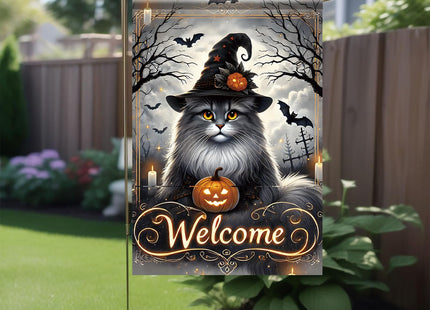 Starlit Patio Halloween Welcome Garden Flag Maine Coon Cat 12x18 Inch Double Sided Witch Pumpkin Outdoor Yard Flag, Spooky Farmhouse Porch Lawn Gothic Halloween Decorations for Cat Lovers